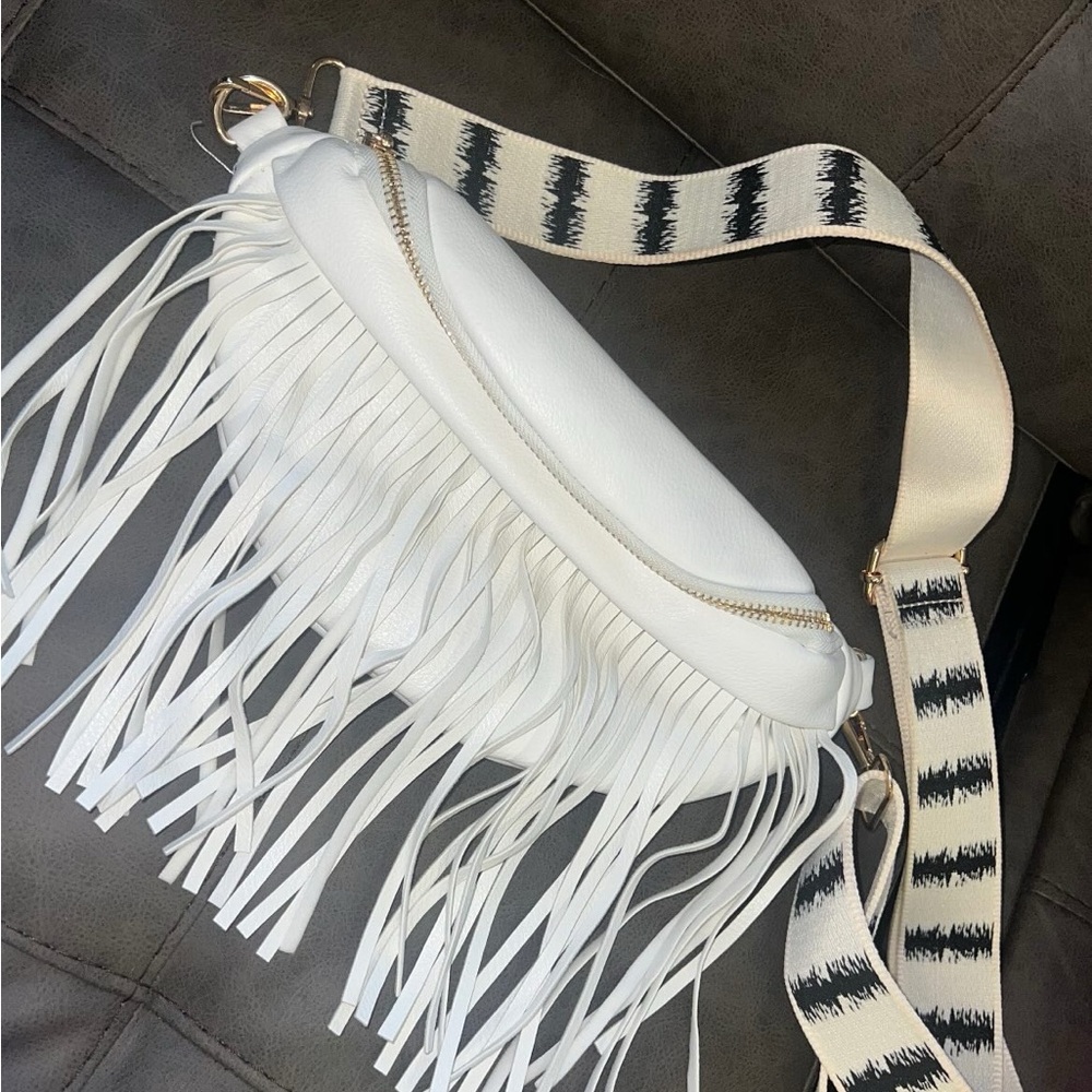 White Fringe Crossbody Bag with Patterned Strap